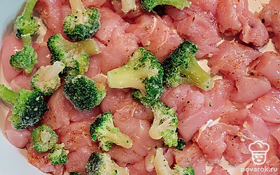 Филе индейки нарезать кусочками, уложить на дно формы. Брокколи разрезать на соцветия, уложить на индейку.