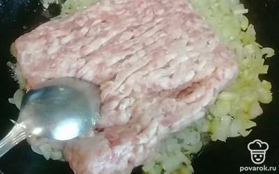 На сковороде обжарим до готовности на растительном масле нарезанный лук и мясной фарш.