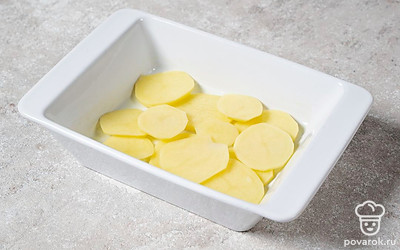 На дно формы ровным слоем выложите половину картошки.