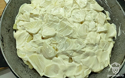 Следующим слоем распределите нарезанный картофель. Посолите. Все смажьте тонким слоем майонеза. 