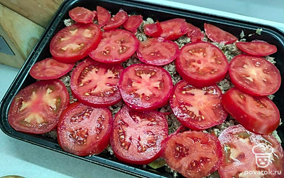 Затем выложите помидоры, нарезанные кружочками. Посолите. 