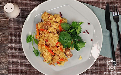 Выложите приготовленный плов на блюдо, украсьте его свежей зеленью.