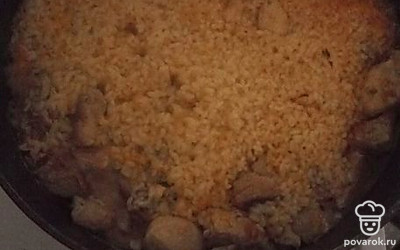 Порезать лук, морковь натереть на мелкой терке, добавить к мясу. Всыпать приправу для плова, соль, перемешать и обжарить 5 минут. Выложить промытый рис, залить водой, поставить на медленный огонь и готовить 30 минут, не перемешивая.