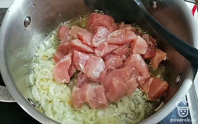 Сделать огонь на максимум. Добавить нарезанное кусочками мясо. Обжарить до золотистого цвета. 