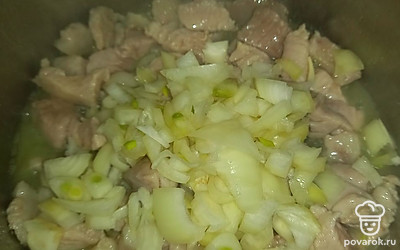 В разогретую толстостенную кастрюлю добавьте масло, мясо и репчатый лук. Обжаривайте мясо с луком до тех пор, пока лук не станет прозрачным.