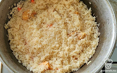 Рис хорошенько промойте, всыпьте в казан к остальным ингредиентам. Добавьте специи для плова и кумин. Влейте теплую воду на 5-6 миллиметра выше риса. Казан накройте крышкой, варите плов на медленном огне 30 минут до готовности риса, не перемешивая.
