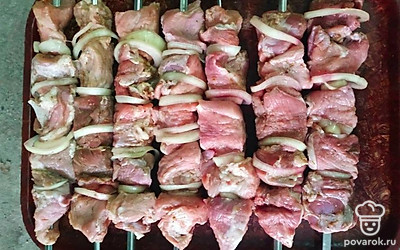 Достаньте мясо из холодильника. Наколите его на шампуры, чередуя с кольцами лука, и обжарьте на углях со всех сторон до золотисто-коричневого цвета.