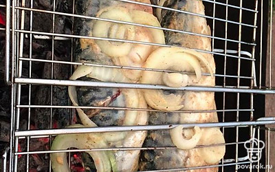 Уложить на решетке для гриля и жарить на углях с двух сторон до готовности.