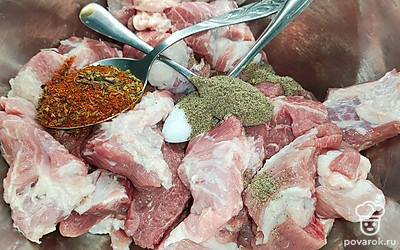 Мясо порезать порционными кусочками, добавить для маринада приправы, соль, хрен. Все хорошо перемешать, втереть приправы в мясо.