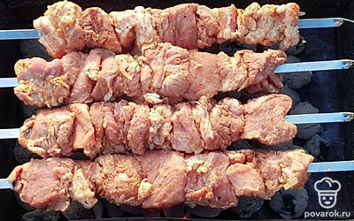 Мясо нанизать на шампуры. Обжарить на углях в мангале до готовности. Периодически переворачивать.