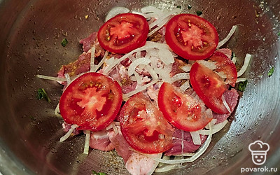 Нарезанное мясо переложите в емкость, посолите и поперчите по вкусу. Добавьте лук и помидоры, хорошо перемешайте мясо так, чтобы каждый кусочек впитал соль и специи. 