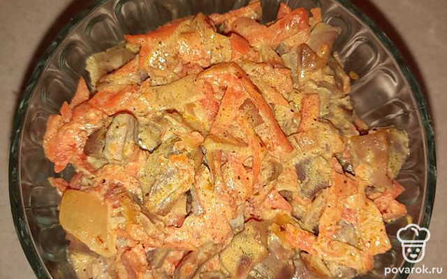 Гуляш из куриных желудков в сливочном соусе — Рецепт с фото