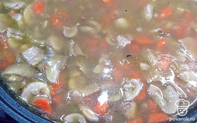 Залить горячей водой в соотношении 1/2, посолить по вкусу. Готовить под закрытой крышкой.