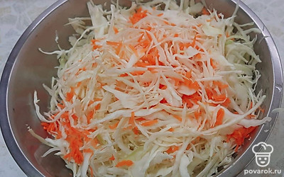 Перемешайте капусту, морковь и добавьте соль. Дайте настояться сутки.