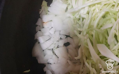 Лук добавить жариться к капусте.