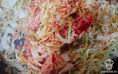 Все хорошо перемешать, добавить воды, соль, перец, специи по вкусу и тушить под крышкой до готовности. 