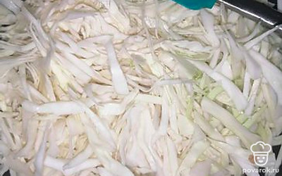 Добавить нашинкованную капусту и залить 300 миллилитров воды.