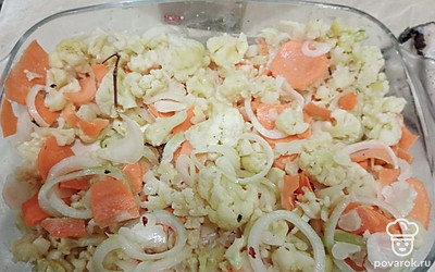 Добавьте специи и масло растительное. Перемешайте.