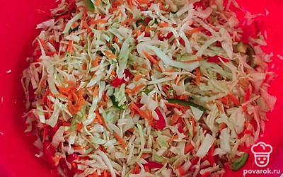 Добавить соль, сахар, растительное масло и уксус. Все перемешать. Оставить мариноваться в емкости на 12 часов при комнатной температуре. Затем переложить в банку и хранить в холодильнике.