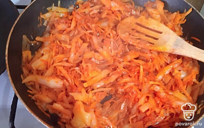 Тщательно перемешиваем. Наливаем воды 100 миллилитров и тушим под крышкой 20-25 минут.