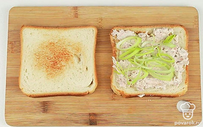 Поджарьте ломтики тостового хлеба. Смажьте один ломтик хлеба риетом из тунца. Положите на риет несколько колец лука-порея и накройте сверху твторым ломтиком тостового хлеба.
