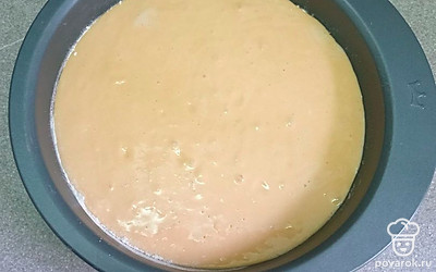 Все хорошо перемешайте, вылейте в смазанную растительным маслом форму диаметром 24 сантиметра. Поставьте в разогретую духовку.