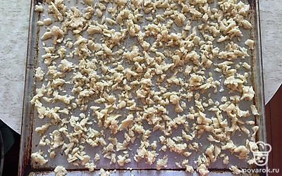 
Отщепните руками тесто и полностью раскидайте его по форме для выпекания. Если вам будет неудобно, то тесто можно убрать в морозилку на 10 минут, и тогда оно будет более тугим.