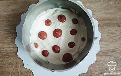 С помощью кондитерского мешка отсадите «пятна» из шоколадного ганаша на поверхность белого мусса и внутрь него. Отправьте торт в морозильную камеру, чтобы слой мусса слегка схватился. Затем накройте сверху вторым коржом и повторите то же самое – пропитка – слой белого мусса – «пятна» шоколадного ганаша – в морозилку –– следующий корж. Верхний корж пропитайте, ничем не смазывайте, накройте пищевой пленкой. Поместите торт в холодильник для пропитки и стабилизации на 6-8 часов (лучше на ночь).