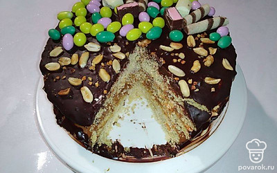 Подайте торт на блюде. Украсьте его орехами, присыпкой, фруктами и конфетами. Порежьте порционно и подайте к чаю.