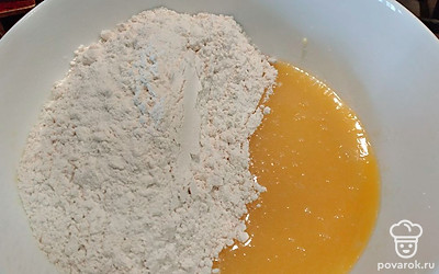 Добавьте соль, соду, разрыхлитель, муку. Снова перемешайте. 