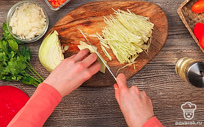 Удобно расположите все ингредиенты. Вымойте капусту, перец, петрушку, помидоры. Лук и морковь очистите от кожуры. Морковь и лук порежьте мелкими кубиками. Мелко нашинкуйте капусту. Простерилизуйте банки и крышки. Пропустите через мясорубку или блендер помидоры.