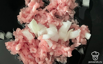 Обжарьте на сковородке фарш и лук.