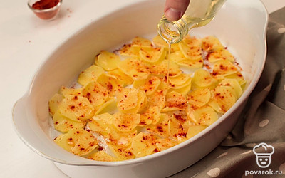 Подготовленный картофель выложите на противень, присыпьте солью, паприкой и сбрызните оливковым маслом.