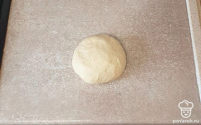 Тесто переложите на рабочую поверхность, присыпанную мукой. Вымешивайте около 10 минут. Оно должно быть мягким и не липнущим к рукам. Тесто переложите в глубокую миску и накройте пищевой пленкой. Оставьте на 1 час. Затем тесто слегка обомните, накройте и оставьте еще на 1 час.