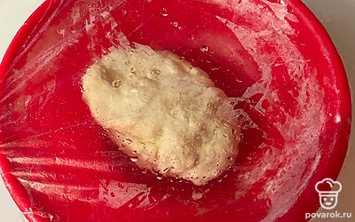 Миску с тестом заверните в пищевую пленку. Отставьте тесто при комнатной температуре минимум на 15-20 минут. Потом можно будет с ним работать.