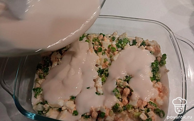 Вылейте оставшееся тесто сверху, стараясь полностью закрыть начинку. 