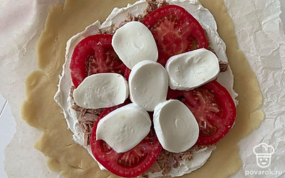 Поверх помидора выложите моцареллу.