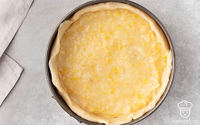 Разложите оставшуюся начинку на тесте, накройте ее последним, третьим кругом из теста. Скрепите края круга с краями бортиков.