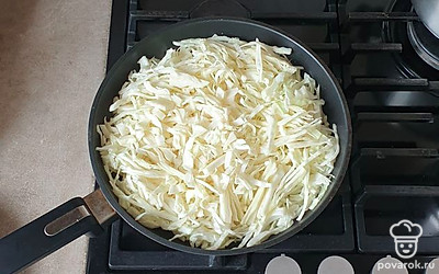 На разогретую сковороду выложите лук и грибы, обжарьте около 5 минут. Затем в сковороду выложите капусту, посолите и перемешайте. Тушите около 15-20 минут на небольшом огне до мягкости капусты. Готовую начинку остудите.