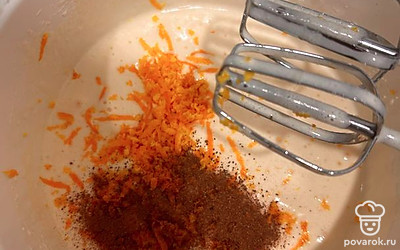 Всыпать цедру, корицу, муку и перемешать вручную.