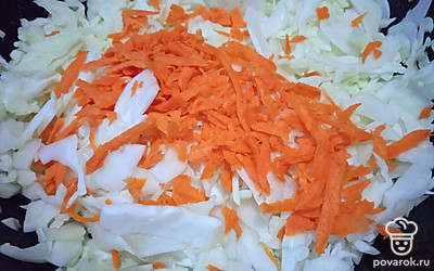 Капусту нашинкуйте, лук нарежьте, морковь натрите на терке. Посолите, добавьте воду и тушите 15 минут под крышкой на небольшом огне.