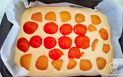 Противень застелите пергаментной бумагой, смажьте растительным маслом и распределите приготовленное тесто по всему противню. Сверху на тесто выложите консервированные абрикосы и отправьте будущий пирог в духовую печь, разогретую до 180 °С, выпекаться в течение 40 минут до легкой румяности.