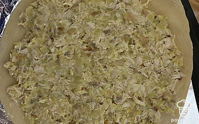 Выкладываем на тестовую основу начинку и равномерно распределяем.