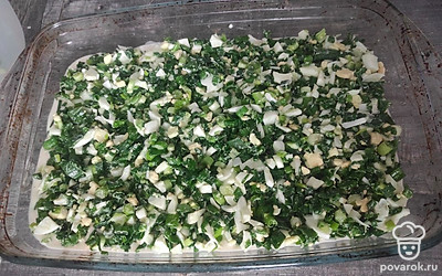 Чуть больше половины теста выливаем в форму, предварительно смазав маслом или застелив пергаментом, выкладываем начинку.