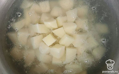Поставьте кастрюлю с водой на огонь, посолите по вкусу, и доведите до кипения. Когда вода закипит добавьте к ней измельченный картофель. Варите примерно 20 минут.