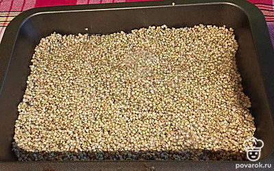 Сухую зелёную гречку промойте под проточной водой. Переложите гречку в широкую посуду и залейте 250 мл тёплой воды. Периодически помешивайте. Оставьте заготовку на ночь, желательно в тёплом месте. 