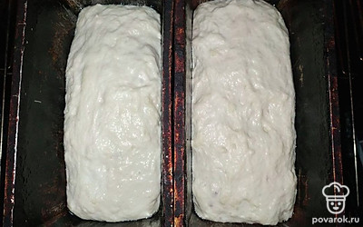 Выньте тесто из духовки и опять включите ее на минимум. Посыпьте стол мукой, выложите на него тесто и обомните руками. По структуре оно получается неплотное и слегка прилипает к рукам. Разделите тесто пополам и выложите в формы.