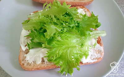 Выложите сверху листья салата.