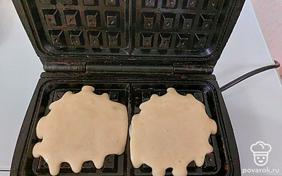 Разогретую электровафельницу смажьте подсолнечным маслом. Выложите по 2 столовые ложки и готовьте до румяной корочки.