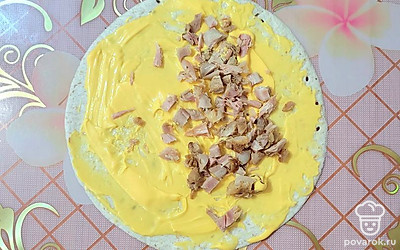 На одну половину тортильи выложить нарезанное небольшими кусочками куриное филе.